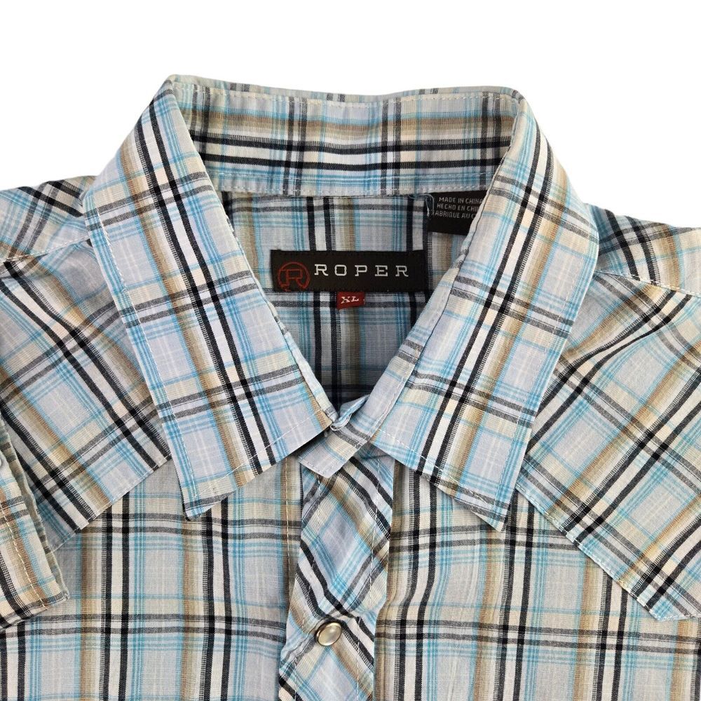 Roper Mens XL Blue Plaid Long Sleeve Pearl Snap Cattleman Logo‎ Pocket Shirt
